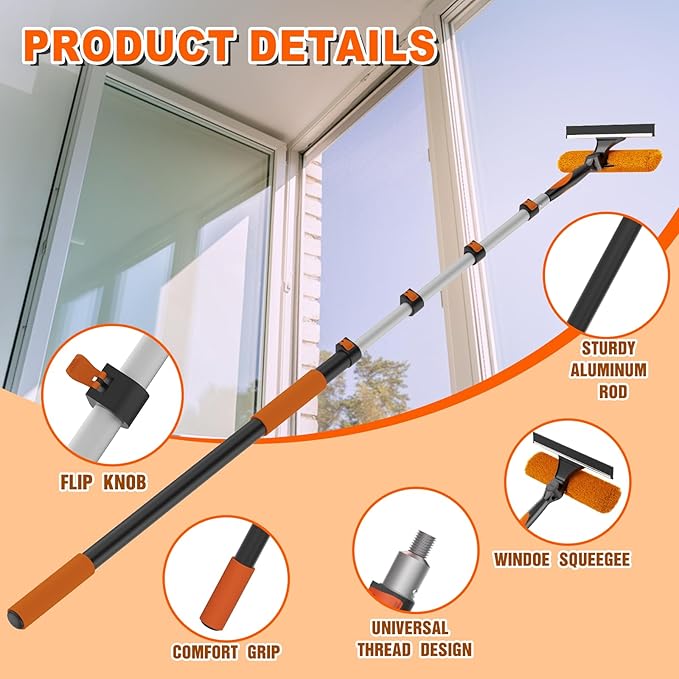 SISUPASSIE 36FT Reach 2-in-1 Window Squeegee, Professional Window Washing Kit with 7-30FT Extension Pole for Home, Indoor Outdoor Squeegee with Rotatable Head for High Windows