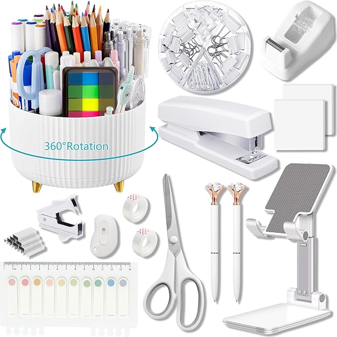 Office Supplies,Desk Accessories,with Stapler,Tape Dispenser,Staple Remover,Scissor,Ballpoint Pen,Sticky Notes,Clear Tape,Staples,Desk Organizer,Phone Stand,Binder,Index Tabs,Best gift set(White)