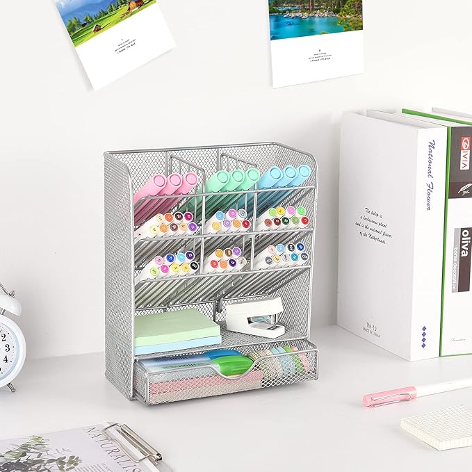 Spacrea Pen Holder Desk Organizer - Desk Organizers and Accessories, Pencil Holder with 10 Compartments and 1 Drawer (Silver)