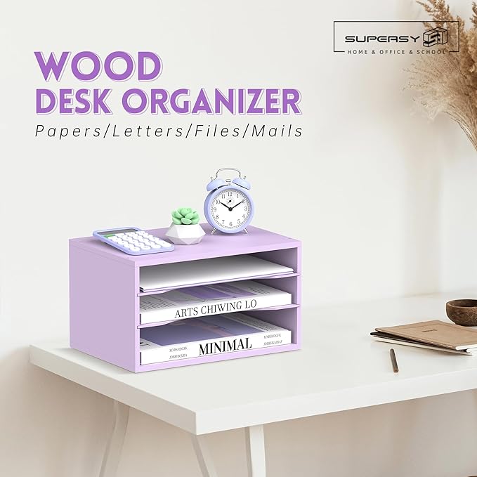 SUPEASY Wood Desk Organizer, 3 Tier Paper File Organizer for Desk, Wooden Desktop Organizer, Paper Letter Literature Mail Sorter, for Office School & Home Organization, Purple