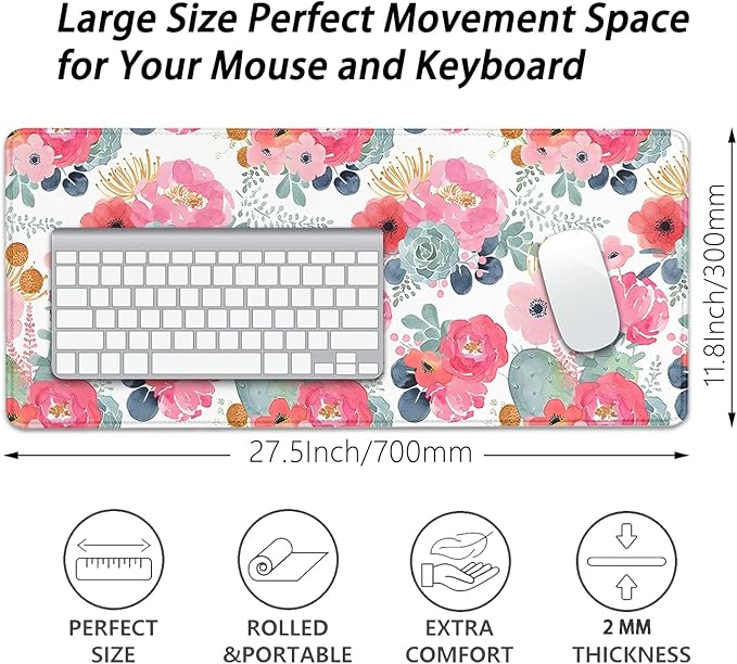Watercolor Flowers Desk Pad Mouse Pad,Large Floral Mouse Mat with Stitched Edges,Non-Slip Rubber Base Mousepad for Office PC Keyboard Laptop and Home Work Desk Mat(27.5X11.8 in)