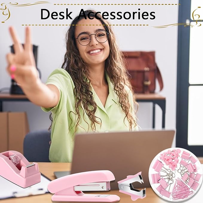 Office Supplies,Desk Accessories, Stapler and Tape Dispenser Set for Women with Stapler, Tape Dispenser, Staple Remover, Staples, Clips, Scissor and Tabs,Gift for Students, Coworkers