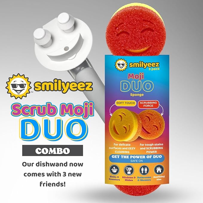 The Original Smiling Handle for Scrub Daddy (Reg. TM) Sponge and Scrub Moji Sponge (White Handle) & 3 Scrub Moji DUO's