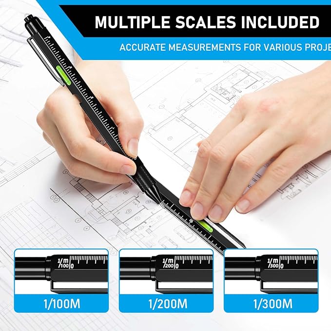 Christmas Stocking Stuffers for Men Adults, 2 Pack Multi-Tool Pen Set, 11 in 1 Multitool Pen with LED Light, Ruler, Level, Screwdriver, Stylus, Flathead, Gifts for Men Boyfriend, Husband, Him, Black