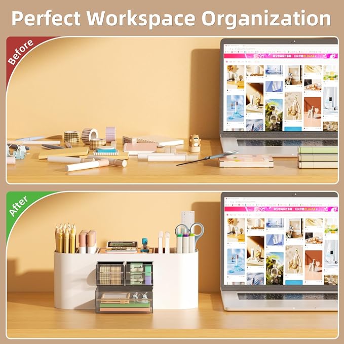 Marbrasse Desk Organizer Pen Holder for Desk with 3 Drawers, Multi-Functional Pencil Holder, Desk Organizers and Accessories with 7 Compartments for Home, School, Classroom(White)