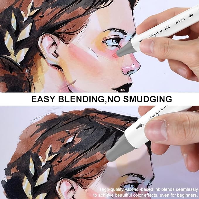 SFAIH Skin Tone Alcohol Markers Brush Tip - 37 Portrait Color Markers for Drawing, Coloring - Fast-Drying, Blendable Ink Marks for Artist Adults, Dual Tip - Brush & Fine - Refillable Ink