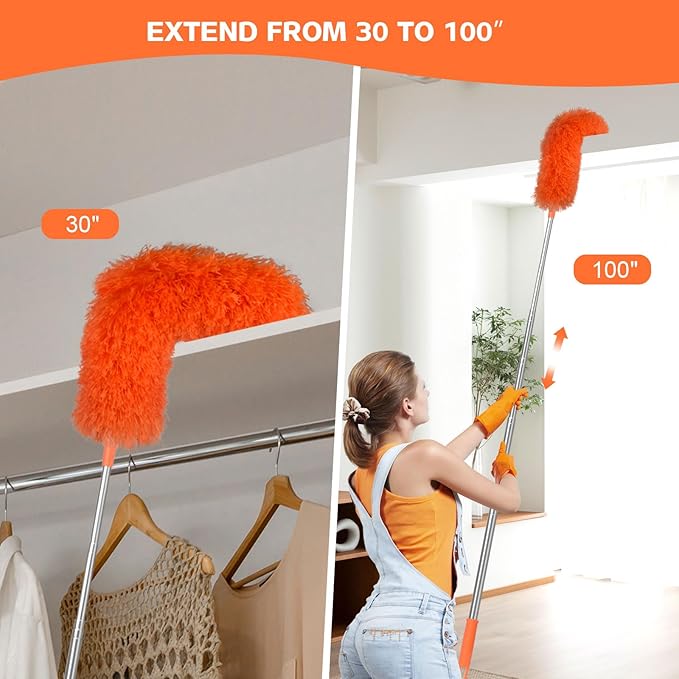 Microfiber Feather Duster Extendable Duster with 30'' to 100'' Telescoping Extension Pole, Bendable Head & Long Handle Dusters for Cleaning Ceiling Fan, High Ceiling, Blinds, Furniture & Cars