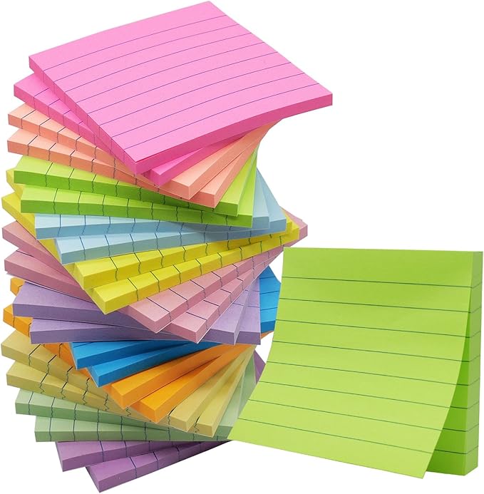 (24 Pack) Lined Sticky Notes 3x3 in Ruled Stickies Super Sticking Power Memo Pads,12 Bright Multi Colors Sticky Notes with Lines Self-Stick Note Pads