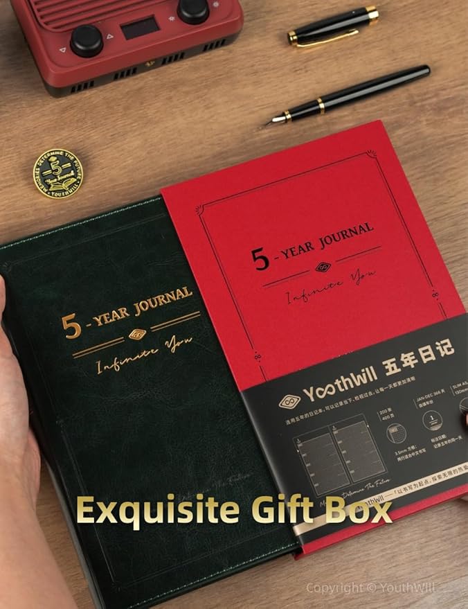 YouthWill Five Year Journal, 5-year Memory Notebook, Daily Journal, Undated Diary, One Line a Day, Soft Cover, Medium, 90gsm paper (Dark Green)