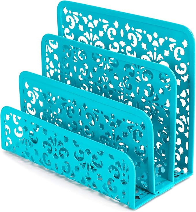 EasyPAG 5-Piece Desk Organizer Set with Carved Floral Design - No Assembly Stackable 2-Tier File Tray, Letter Sorter, Pen & Card Holders for Office/Home/Dorm, Dark Teal
