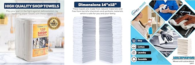 SIMPLI-MAGIC Cotton Shop Towels 14"x12" (150 Pack) – Reusable Cleaning Shop Rags for Automobiles, Industries, Garage and Homes (White)