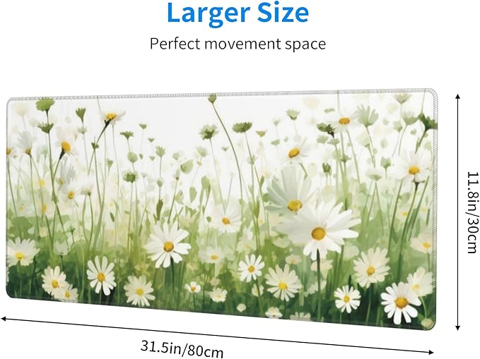 Daisy Flowers Large Mouse Pad, Floral Gaming Desk Mat, XL Keyboard Desk Pad Mat for Desktop, 31.5"x11.8" Non-Slip Base Big Mousepad with Stitched Edges