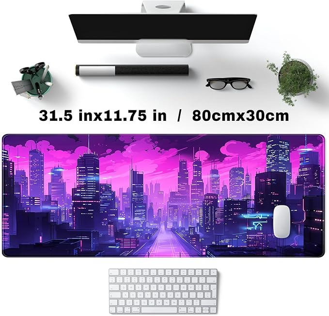 Desk Pad Cyberpunk Purple Desk Mat City Skyline Gaming Extended Mouse Pad Big Office Keyboard Pc Laptop for Women Large Mousepad with Stitched Eges Non-Slip Base Mouse Keyboard Mat 31.5x11.8 in