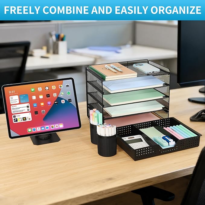 5-Tier Paper Organizer Letter Tray with Drawer & 2 Pen Holders, Desk Organizer and Accessories for Desktop File Workspace Organization, Office Desk Accessories Office Supplies Storage (Black)