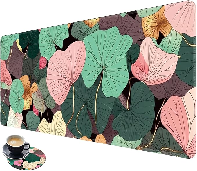 Desk Mat Large Gaming Mouse Pad (31.5x11.8 inch) with Stitched Edges, XL Mouse Pad +Coaster, Extended Mouse Mat Keybroad Mousepad Non-Slip Rubber for Gamer Men Women, Pink Teal Lotus Leaf