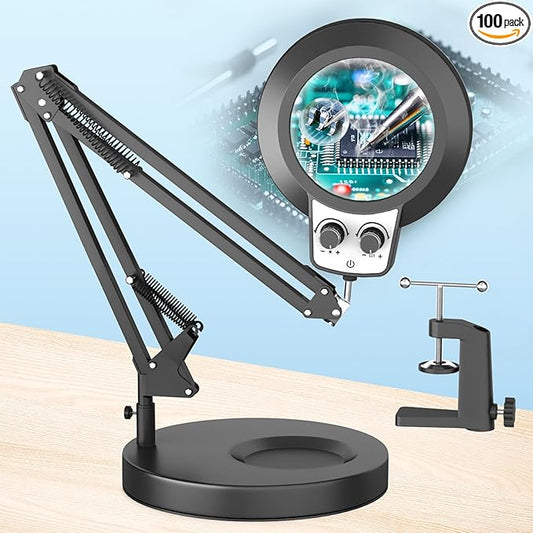 12X & 30X Magnifying Glass with Light, New Upgrade Infinite Color and Brightness Desk Lamp & Clamp, 2-in-1 LED Lighted Magnifier Stand for Craft Reading Hobby Soldering Puzzle Close Work- Black