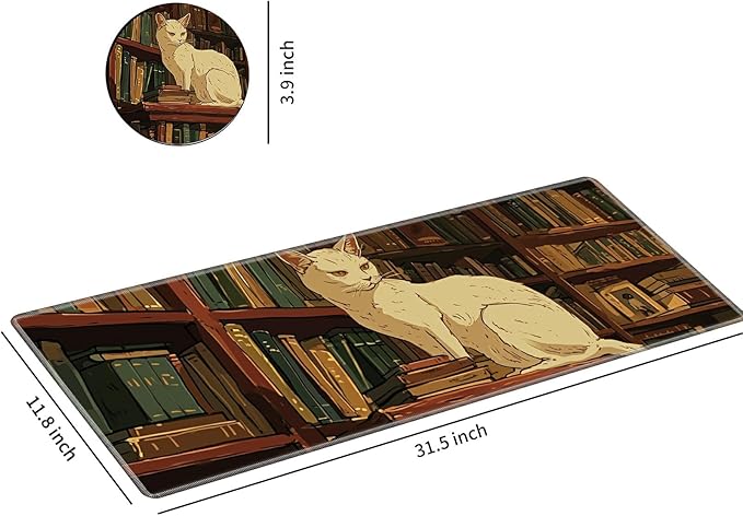 Desk Mat Large Gaming Mouse Pad (31.5x11.8 inch) with Stitched Edges, XL Mouse Pad +Coaster, Extended Mouse Mat Keybroad Mousepad Non-Slip Rubber for Gamer Men Women, White Cat Library