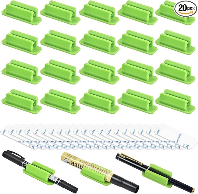 20 Pack Pen Holder Silicone,Adhesive Pen Holder for Desk,Marker Clip for Classroom Office Desk Accessories, Pencil Holder with 20 Double Sided Extra Sticky Tape (Green)