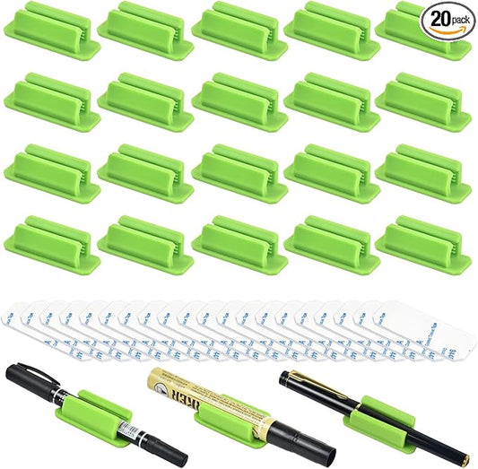 20 Pack Pen Holder Silicone,Adhesive Pen Holder for Desk,Marker Clip for Classroom Office Desk Accessories, Pencil Holder with 20 Double Sided Extra Sticky Tape (Green)