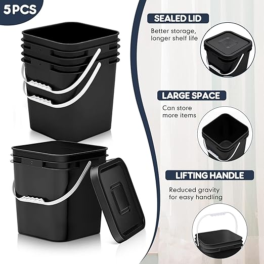 Mumufy 5 Pcs 3.5 Gallon Square Food Grade Bucket with Lid Square Bucket Pail with Plastic Handles for Storing Dry Food, Charcoal, Camping, Fishing (Black)