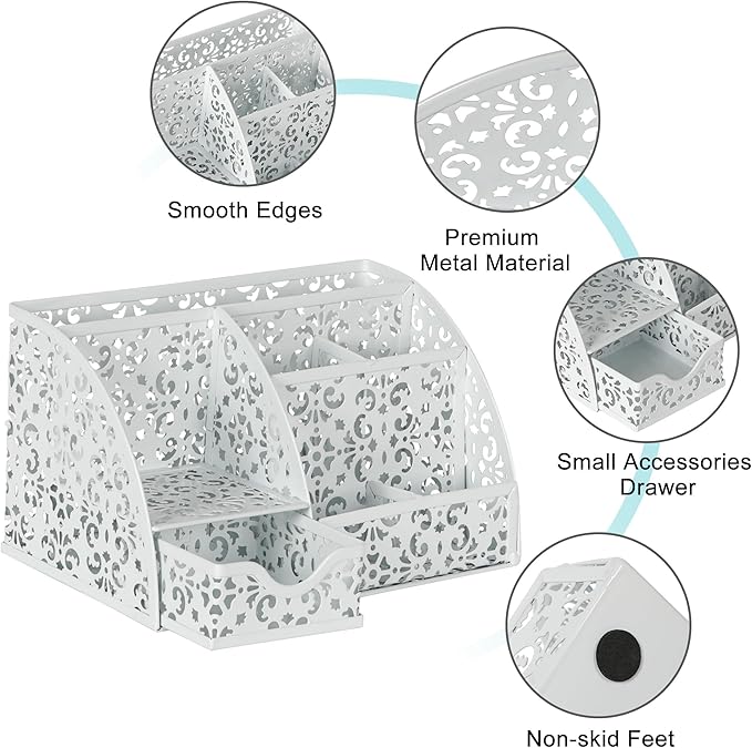 EasyPAG Pen Holder Desk Organizer with Drawer Pencil Cup for Desk 6 Compartments Metal Office Caddy Storage with Sticky Notes Holder for School Home Office, White