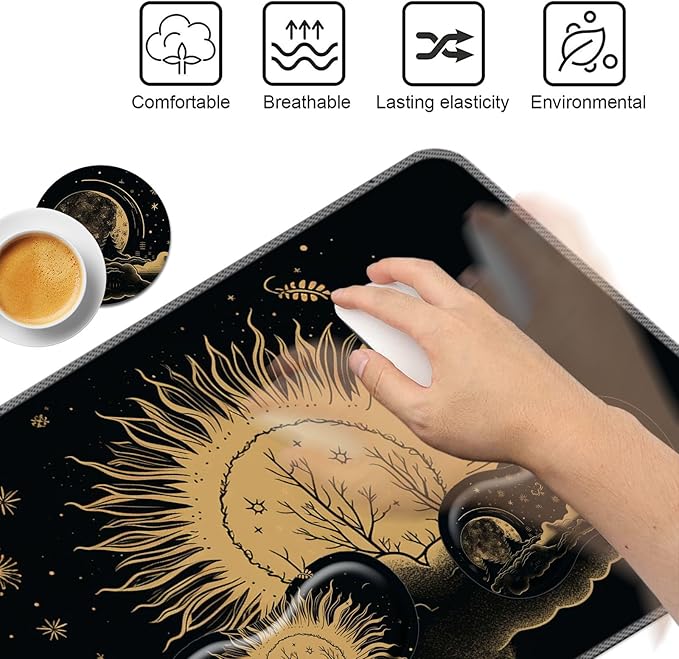 Keyboard Mouse Pad Set,Large Mouse Pad+Keyboard Wrist Rest+Wrist Support+Coaster,31.5x11.8in Extended Desk Mat for Computer Laptop Office Home-Sun and Moon