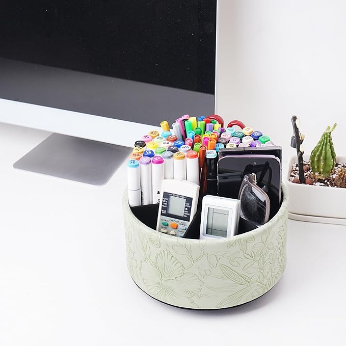 Hennaja Remote Control Holder, 360°Spinning PU Leather Desk TV Remote Caddy,Desk Storage Box Room Accessories for Controller, Media,Mail,Calculator, Mobile Phone,Pencil(1-Carved Green1)