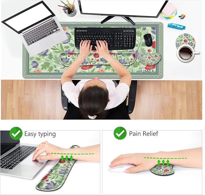 AIMSA Gaming Mouse Pad Wrist Support Set, Desk Pad +Mouse Wrist Rest +Keyboard Wrist Rest +Coaster, 4in1 Ergonomic Mouse Pad Combo for Home Office -Red Purple Flower