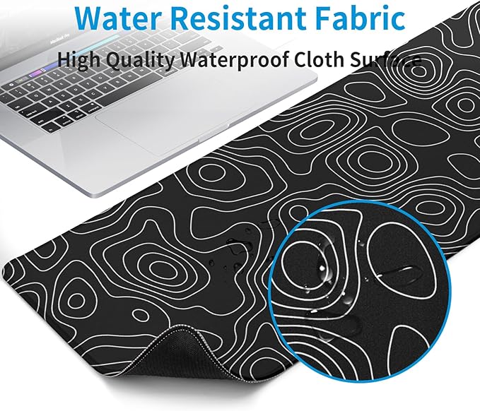 Black Topography Contour Gaming Mouse Pad Large Anime Topographic Map Mousepad Extended Mouse Pad Gaming Big Desk Pad Keyboard Pad with Stitched Edge Non-Slip Rubber Base