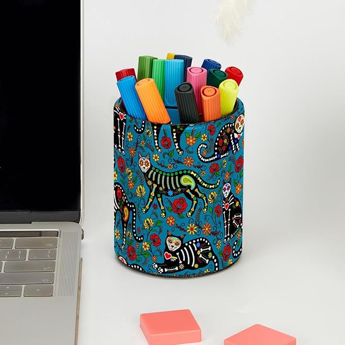 Round Creative Pen Holder |Sugar Skull Black Cats Desktop Storage Organizer|Gadget Stationery Storage Box|Office Leather Organizer