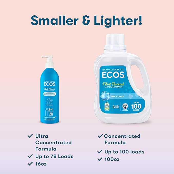 ECOS Ultra Concentrated Liquid Laundry Detergent, Sustainable Aluminum Bottle, Up to 78 Washer Loads - Hypoallergenic Laundry Soap - High Efficiency & Standard Machine Washing - Free & Clear, 16 Fl Oz