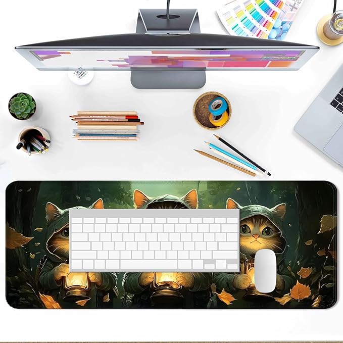 Anime Cat in Green Forest Adventure Gaming Desk Mat, Extended Large Fantasy Kawaii Cute Aesthetic Mouse Pad, Computer Keyboard Laptop Mousepad for Work, Office and Home, XL