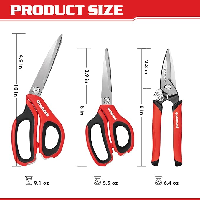 Goldblatt 3PCS Scissors Heavy Duty, Multipurpose Scissors, Drop Forged Blade, with Small Serrations, Comfortable Handle, Shop Scissors Easy Cutting Cardboard, Wires, Leather, Fabric