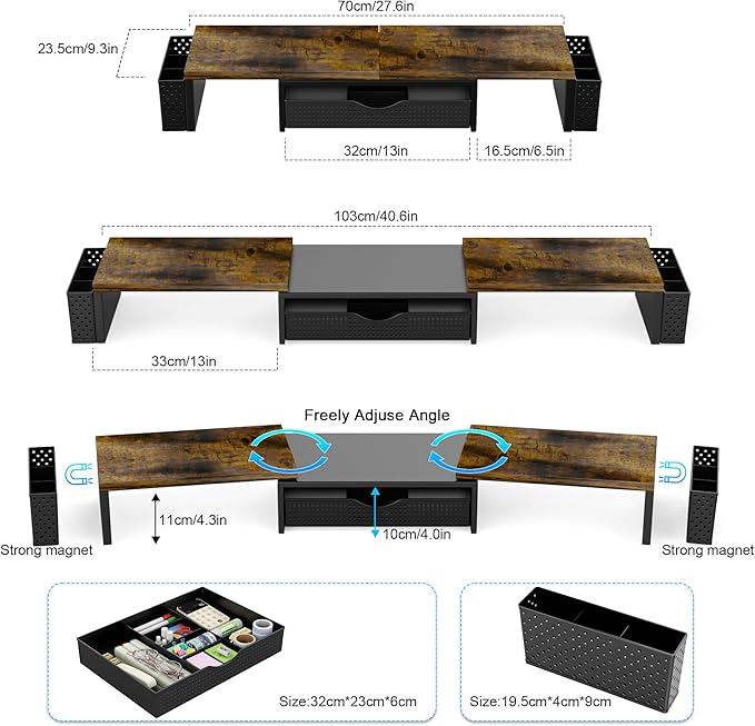 Spacrea Metal Desk Organizers and Accessories, Dual Monitor Stand Riser with Drawer and 2 Pen Holders, Desk Accessories & Workspace Desktop Organizers for Office Supplies (Wood)