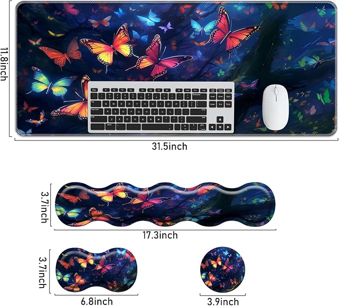 Keyboard Mouse Pad Set,Large Mouse Pad+Keyboard Wrist Rest+Wrist Support+Coaster,31.5x11.8in Extended Desk Mat for Computer Laptop Office Home - Butterfly