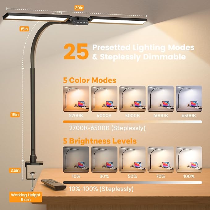 LED Desk Lamp for Home Office - Remote Control Desk Light Computer Lamp with clamp, 22W, Dimmable, Color Changing, Touch Control, Height Adjustable, Black Table Task Light Bar for Work