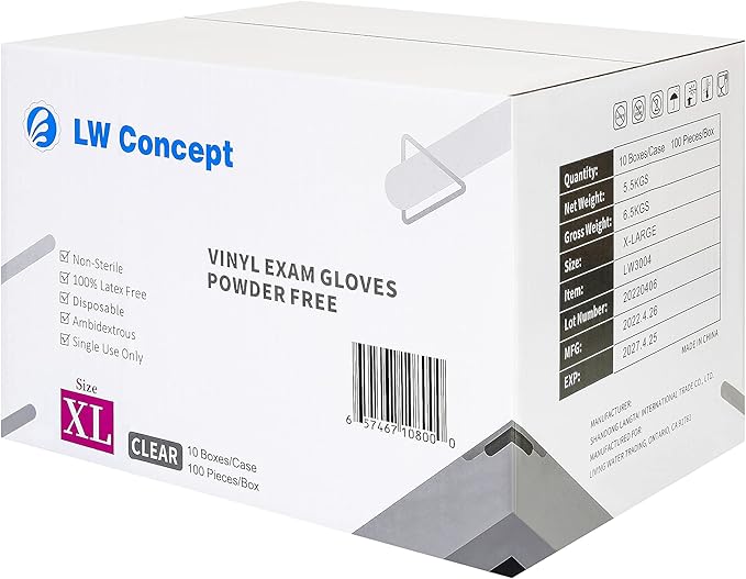 LW Concept Clear Vinyl Exam Gloves for Medical/Food Safe/Cleaning/Handling Use Multipurpose Latex & Powder Free, 3.5 mil (LW3004, X-Large, Case of 1000)
