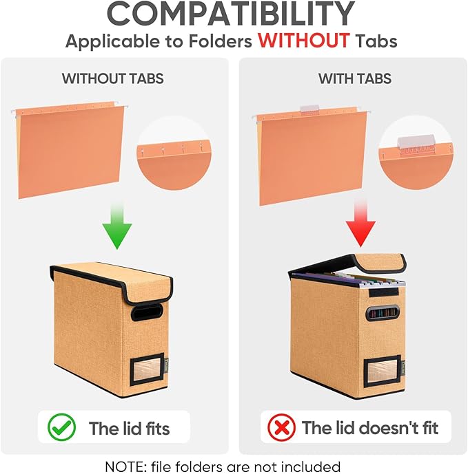 BALEINE File Organizer Box with Lid, Collapsible File Folder Organizer with Plastic Slide, Hanging File Folder Box for Office Document Storage (2 Pack, Orange, S)