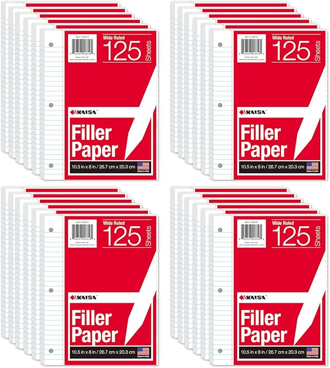 Kaisa Notebook Paper - 24 Pack, 8x10.5, Wide Ruled, 3-Ring Binder, 125 Sheets/Pack, 3-Hole Punch