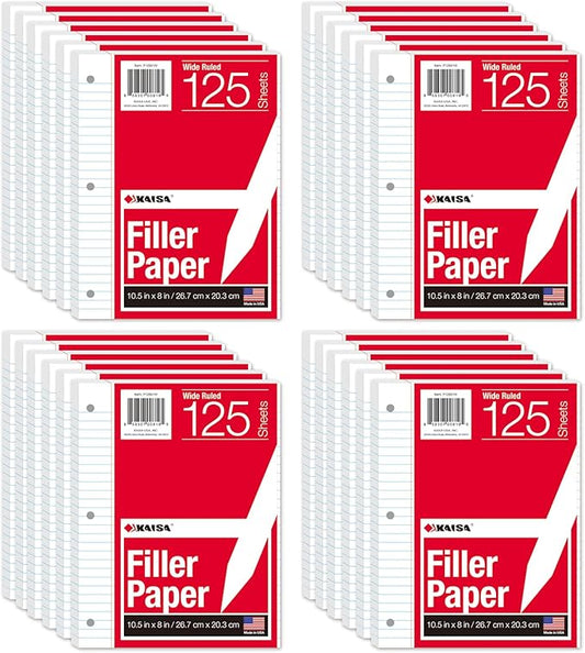 Kaisa Notebook Paper - 24 Pack, 8x10.5, Wide Ruled, 3-Ring Binder, 125 Sheets/Pack, 3-Hole Punch