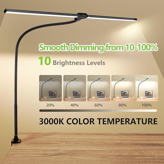 ShineTech LED Desk Lamp for Home Office, 3000K Warm White Double Head Architect Task Lamps with Clamp, Dimmable Adjustable Flexible Gooseneck, Black