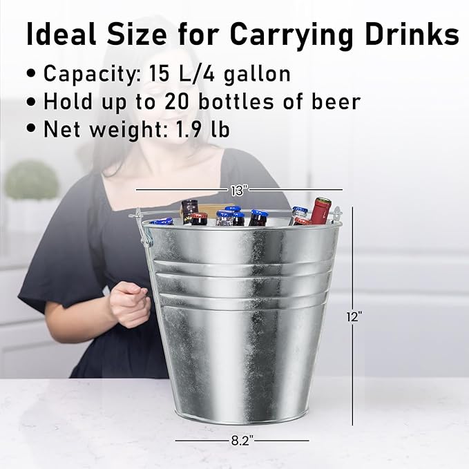 4 Gallon Galvanized Ice Bucket - Large Rustproof Metal Bucket Drink Tub with Wood Handles - 13" Beverage Bucket for Party BBQ Wedding Home Décor & Storage - 13"L x 13"W x 12"H - 3 Pack