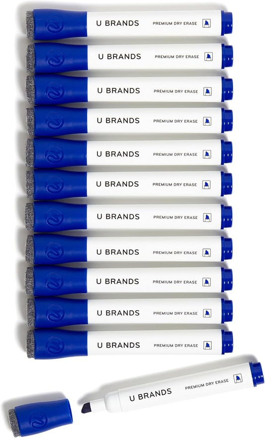 U Brands Fine Tip Dry Erase Markers with Eraser, Whiteboard Markers with Chisel tip, Low Odor, Blue, Set of 12