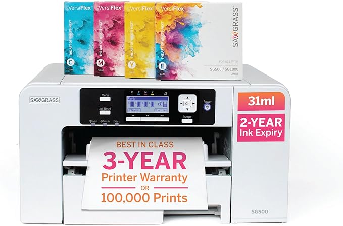 Sawgrass SG500 VersiFlex Printer Bundle, Innovative Inks & Light Heat Transfer Paper Bundle - Soft-Touch Infusible Ink, 8.5x11 Paper - Professional Results on Untreated Fabric and Wood