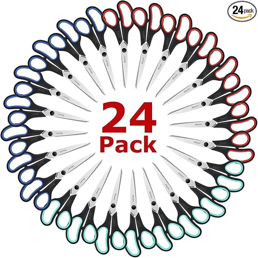 School Office Scissors Bulk, Set of 24-Pack, 8" All Purpose Sharp Scissors with Comfort-Grip Handles for High/Middle School Student Teacher, Office Home Sewing Fabric Supplies, for Right Left Handed