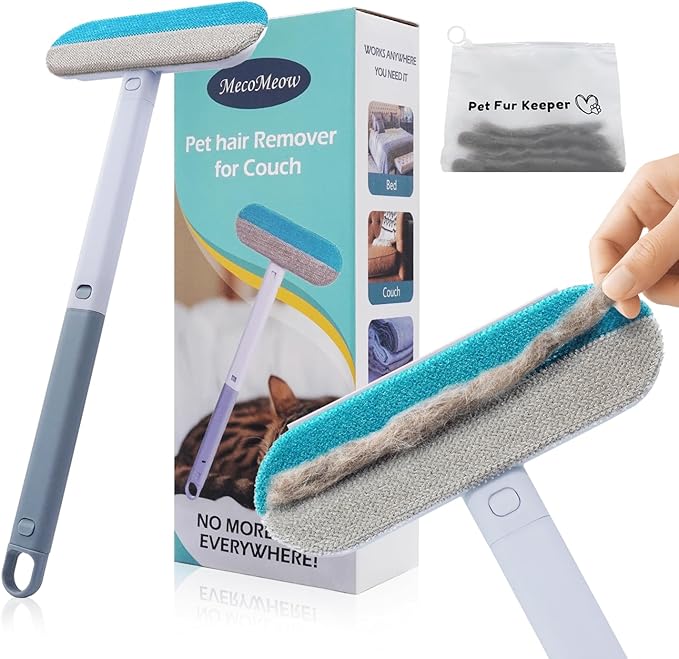 MecoMeow Pet Hair Removal Brush for Couch, Durable, Reusable, Washable Lint Cleaner for Dog and Cat Hair, Gentle on Furniture, Effective on Carpets, Clothing, Bedding-with Bag
