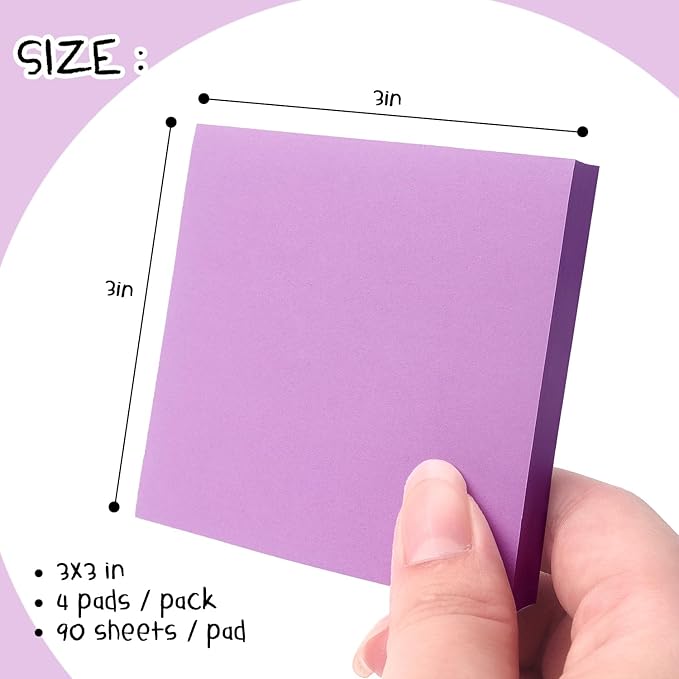 Sticky Notes 3x3 Pop Up Self-Stick Notes Pads with Bright Colors, Easy to Post for Office, School, Home, 4 Pads/Pack, 90 Sheets/Pad (Purple)