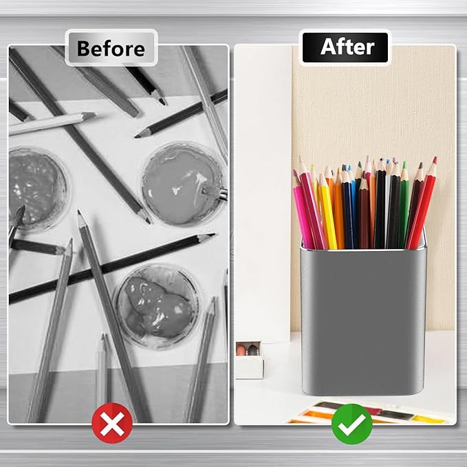 RQB Metal Pen Holder for Desk Square Aluminum Desktop Organizer and Makeup Brush Holder Storage Box for Office, School, Home, and Kids, Non-slip silicone 4×3.15inch-Gray