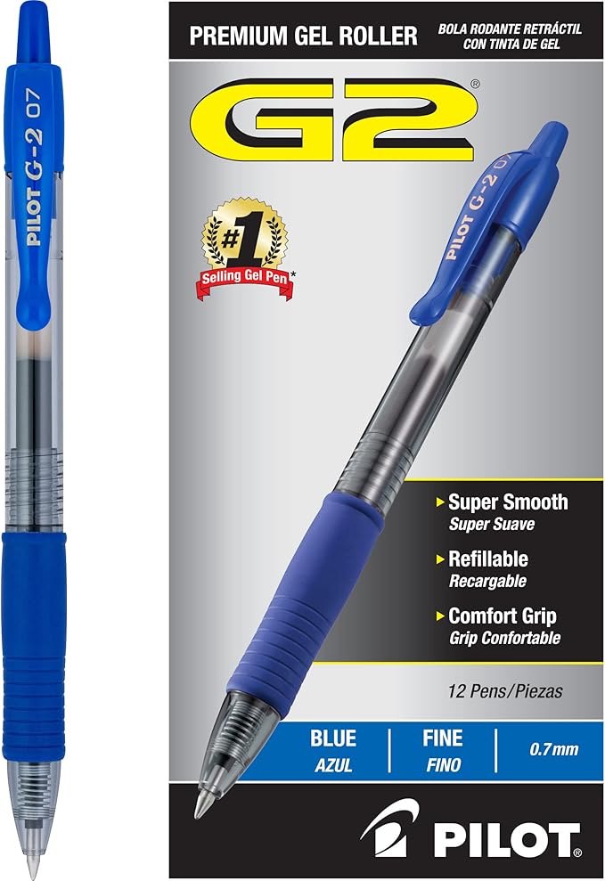 Pilot G2 Premium Gel Roller Pens, Fine Point 0.7 mm, Blue Ink Pens Fine Point, Pack of 12 - Ideal for School, Journaling, and Office Writing