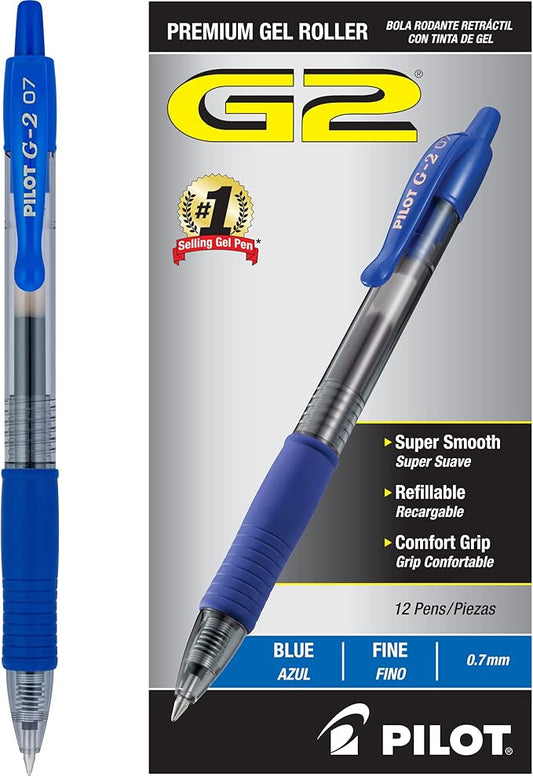 Pilot G2 Premium Gel Roller Pens, Fine Point 0.7 mm, Blue Ink Pens Fine Point, Pack of 12 - Ideal for School, Journaling, and Office Writing